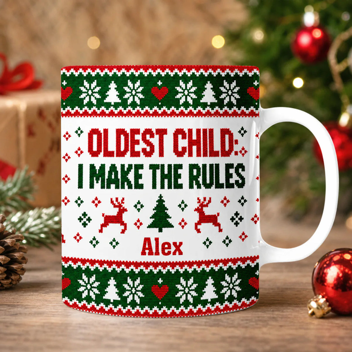 Oldest Child I Make the Rules Christmas Mug, Custom Name Funny Sibling Coffee Cup, Ugly Sweater Holiday Design, Firstborn Gift for Brother or Sister