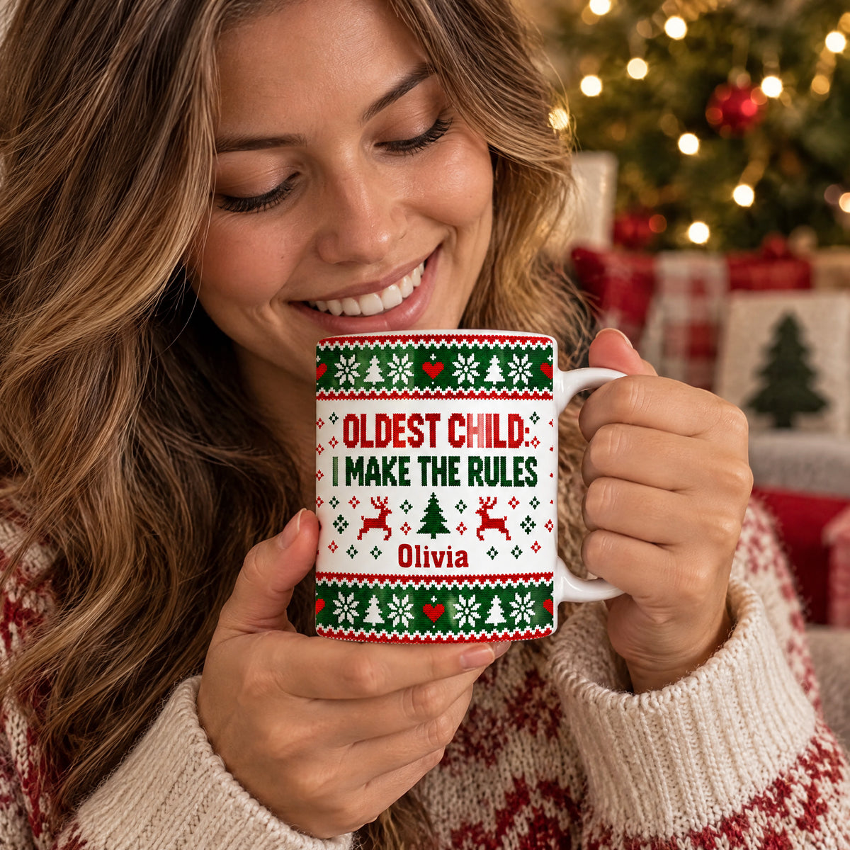 Oldest Child I Make the Rules Christmas Mug, Custom Name Funny Sibling Coffee Cup, Ugly Sweater Holiday Design, Firstborn Gift for Brother or Sister