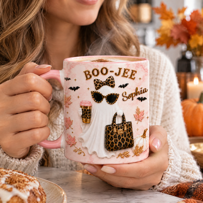 My Boo Jee Mug - Personalized Mug, Leopard Ghost Coffee Mug, Trendy Boujee Fall Gift, Custom Name Leopard