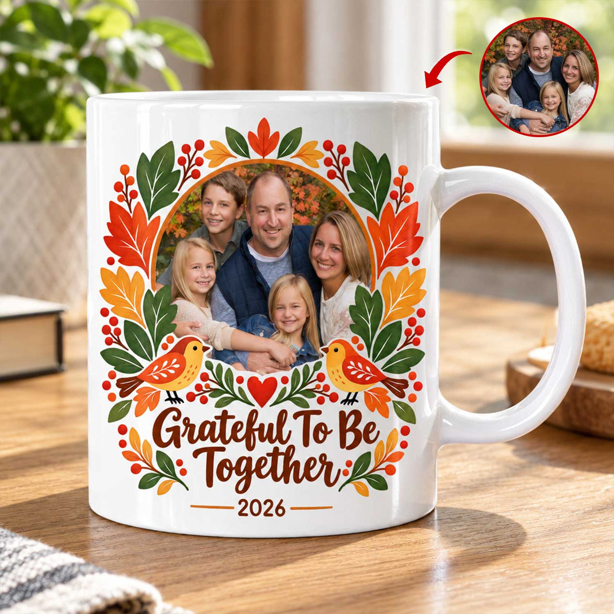 Thankful Together Personalized Photo Mug showing a family of five in the wreath frame, with a small inset photo