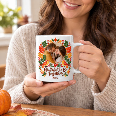 Thankful Together Personalized Photo Mug held in both hands by a smiling woman in a knit sweater, pumpkin nearby