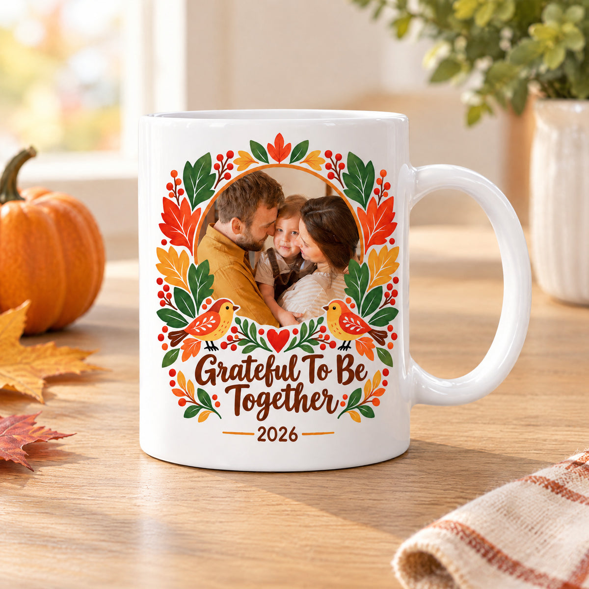 Thankful Together Personalized Photo Mug on a wooden table with a pumpkin, autumn leaves and a striped cloth