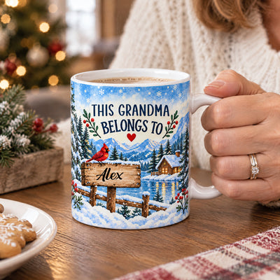 This Grandma Belongs To - Personalized Mug, Watercolor Winter Forest Custom Name Christmas Drinkware