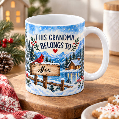 This Grandma Belongs To - Personalized Mug, Watercolor Winter Forest Custom Name Christmas Drinkware