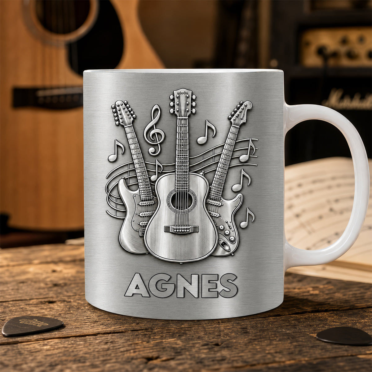 A Gift For The One Who Lets Every Chord Tell Their Story - Personalized Mug, Gift For Guitar Lovers, 3D Metallic Brushed Mug