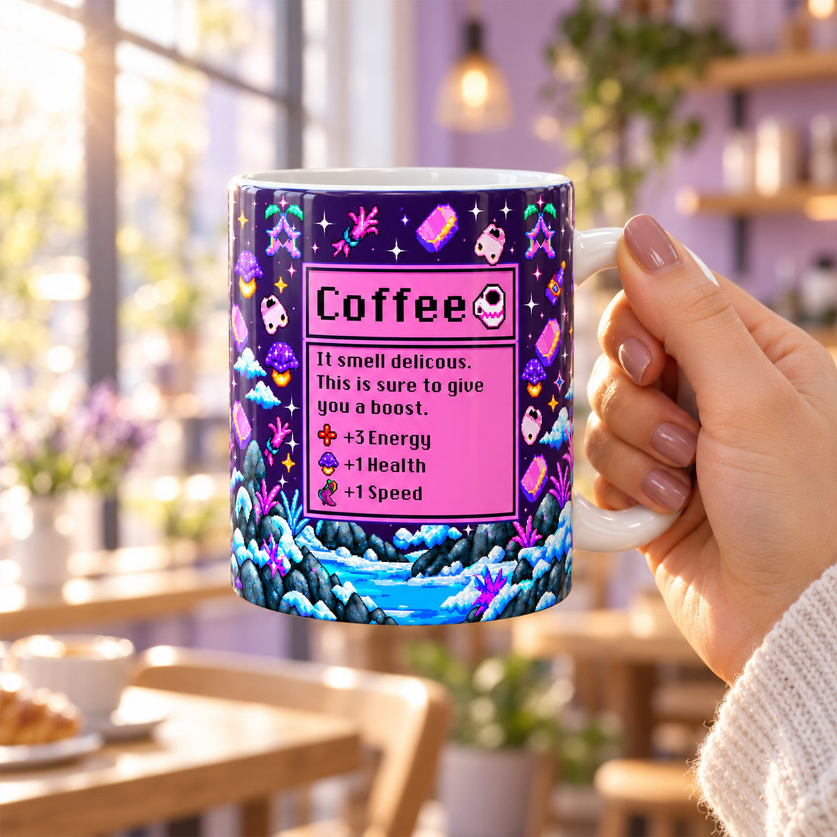 Coffee Gives Me +3 Energy, +1 Health &amp; +1 Speed - Personalized Mug, Retro Pixel Gamer Mug For Coffee Addicts