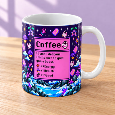 Coffee Gives Me +3 Energy, +1 Health & +1 Speed - Personalized Mug, Retro Pixel Gamer Mug For Coffee Addicts