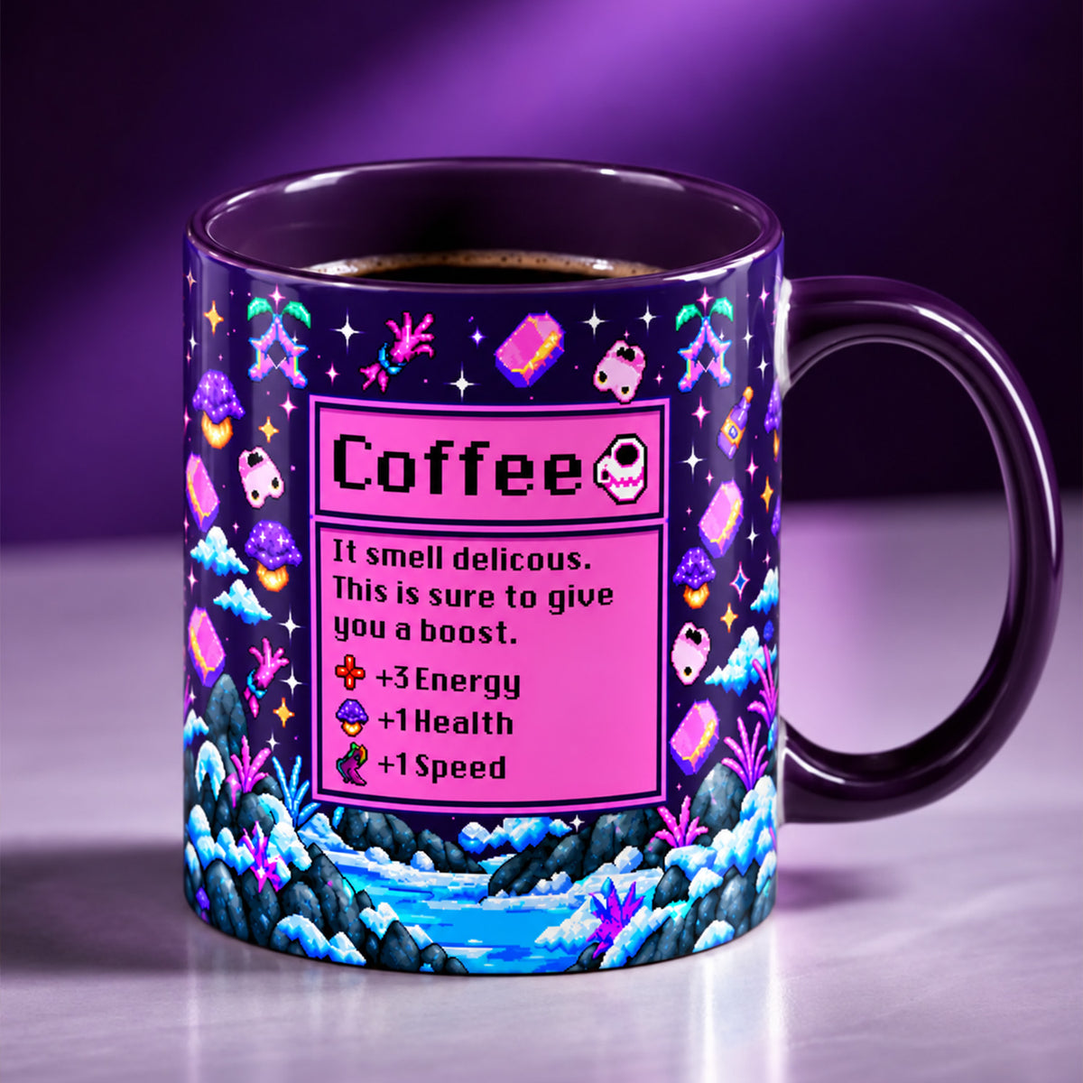 Coffee Gives Me +3 Energy, +1 Health &amp; +1 Speed - Personalized Mug, Retro Pixel Gamer Mug For Coffee Addicts