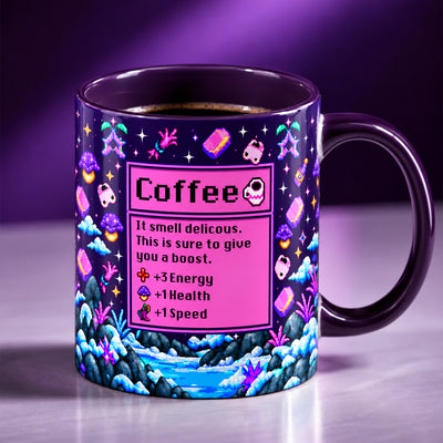 Coffee Gives Me +3 Energy, +1 Health & +1 Speed - Personalized Mug, Retro Pixel Gamer Mug For Coffee Addicts