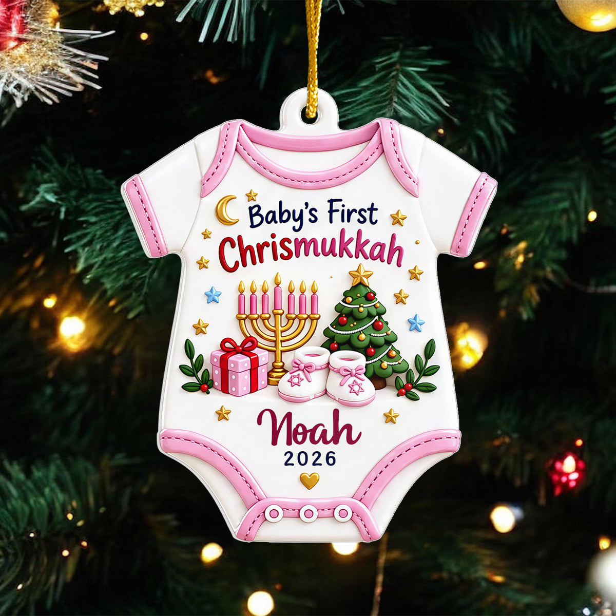 Baby’s First Chrismukkah - Personalized Acrylic Ornament, Personalized Baby Name &amp; Year Keepsake, Christmas Hanukkah Baby Gift, First Holiday Ornament