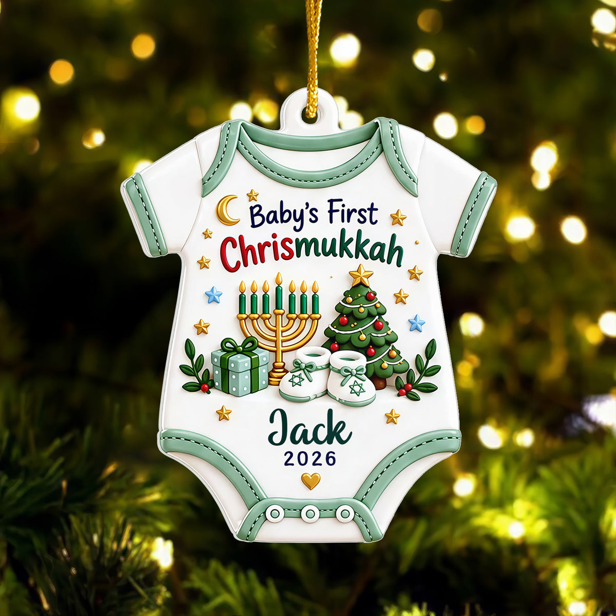Baby’s First Chrismukkah - Personalized Acrylic Ornament, Personalized Baby Name &amp; Year Keepsake, Christmas Hanukkah Baby Gift, First Holiday Ornament