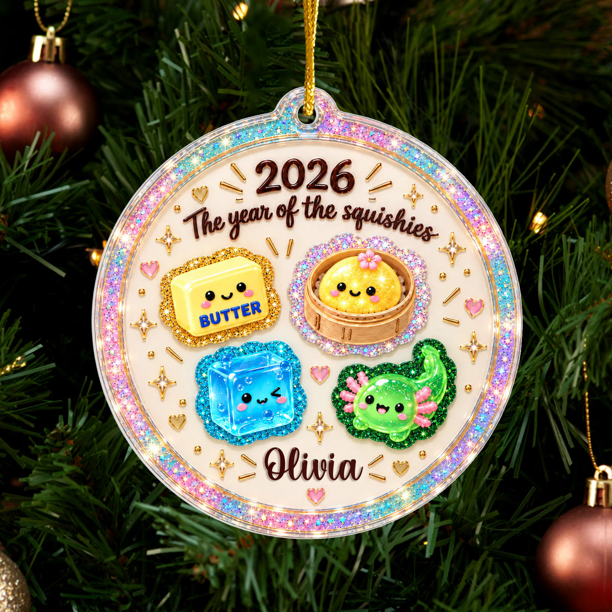 Squishy Dumpling Christmas- Personalized Acrylic Ornament, Cute Squishy Lover Gift, Squishy Hunting Squishies, Butter NeeDoh Ornament, Kids Keepsake Gift