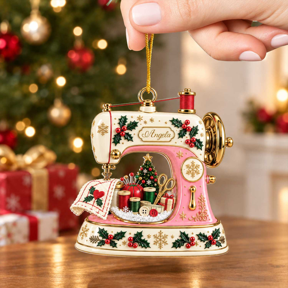 Sewing Machine Christmas- Personalized Acrylic Ornament,   Custom Name Seamstress Gift for Knitting Lover