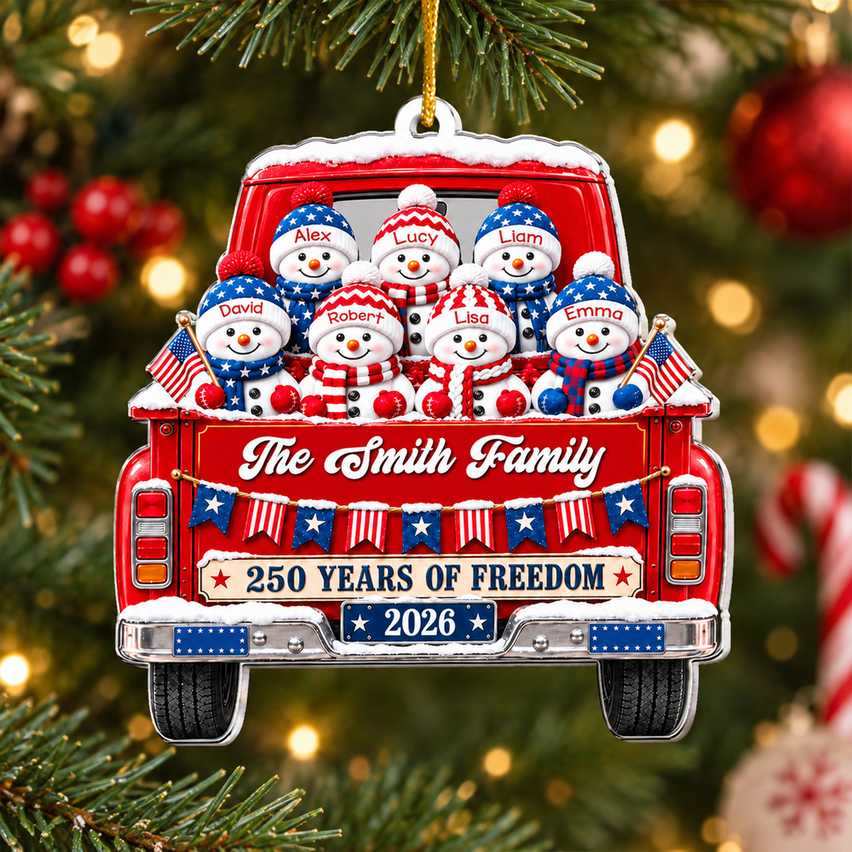 Together Through Every Season - Personalized Acrylic Ornament, Patriotic Snowman, 250 Years Of Freedom, Gift For Family