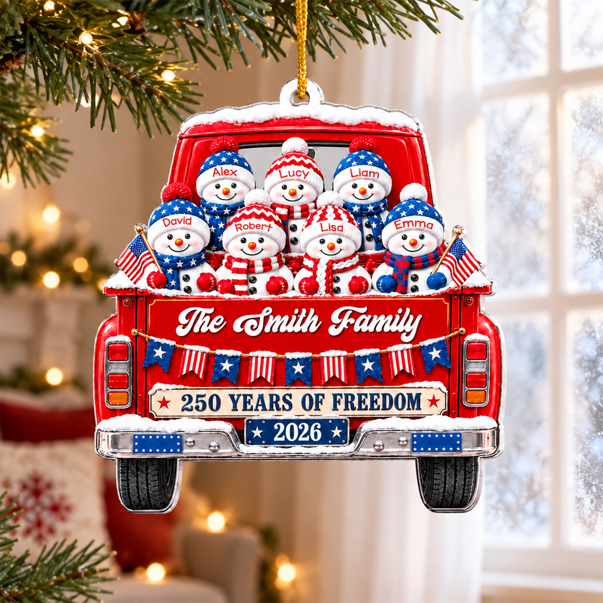 Together Through Every Season - Personalized Acrylic Ornament, Patriotic Snowman, 250 Years Of Freedom, Gift For Family