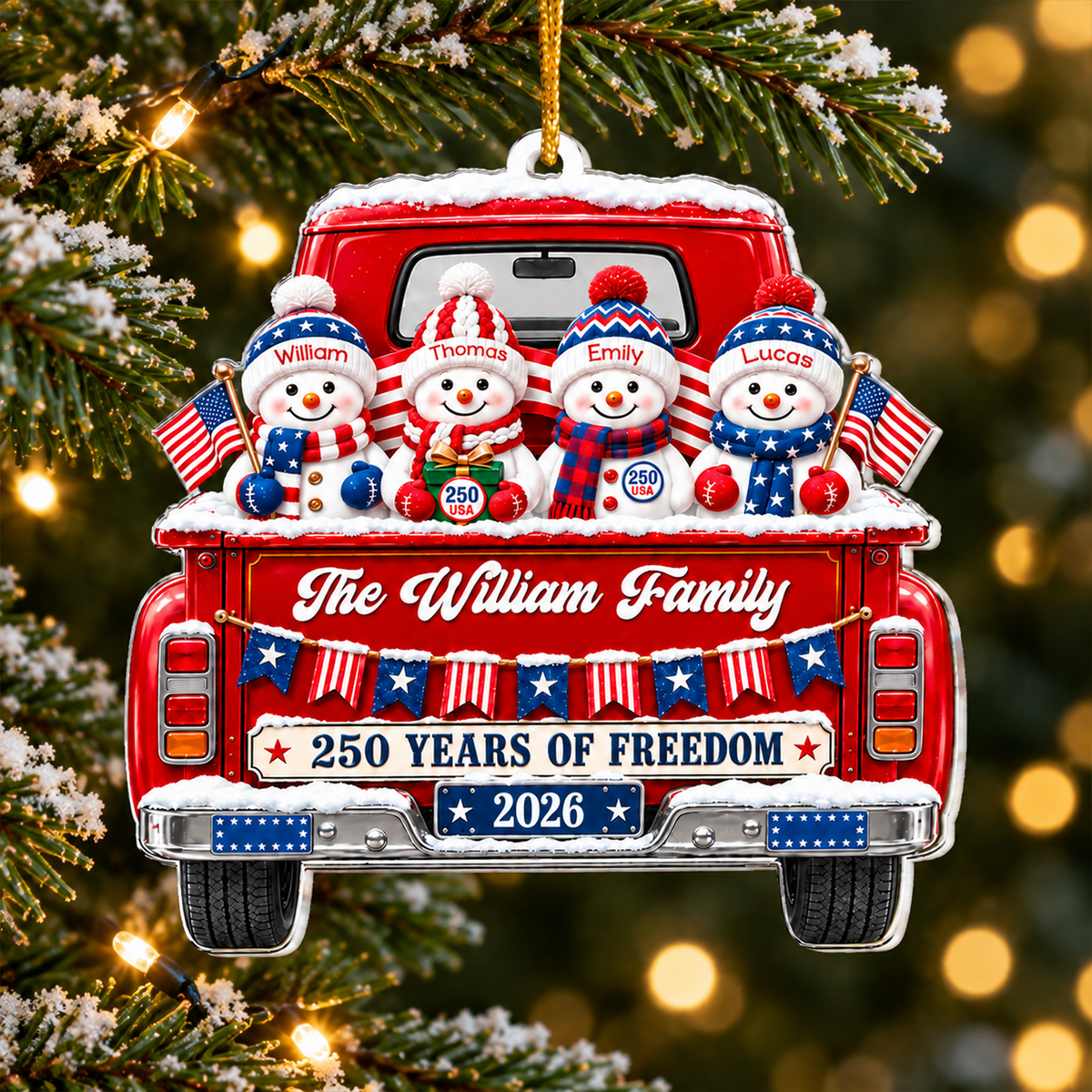 Together Through Every Season - Personalized Acrylic Ornament, Patriotic Snowman, 250 Years Of Freedom, Gift For Family