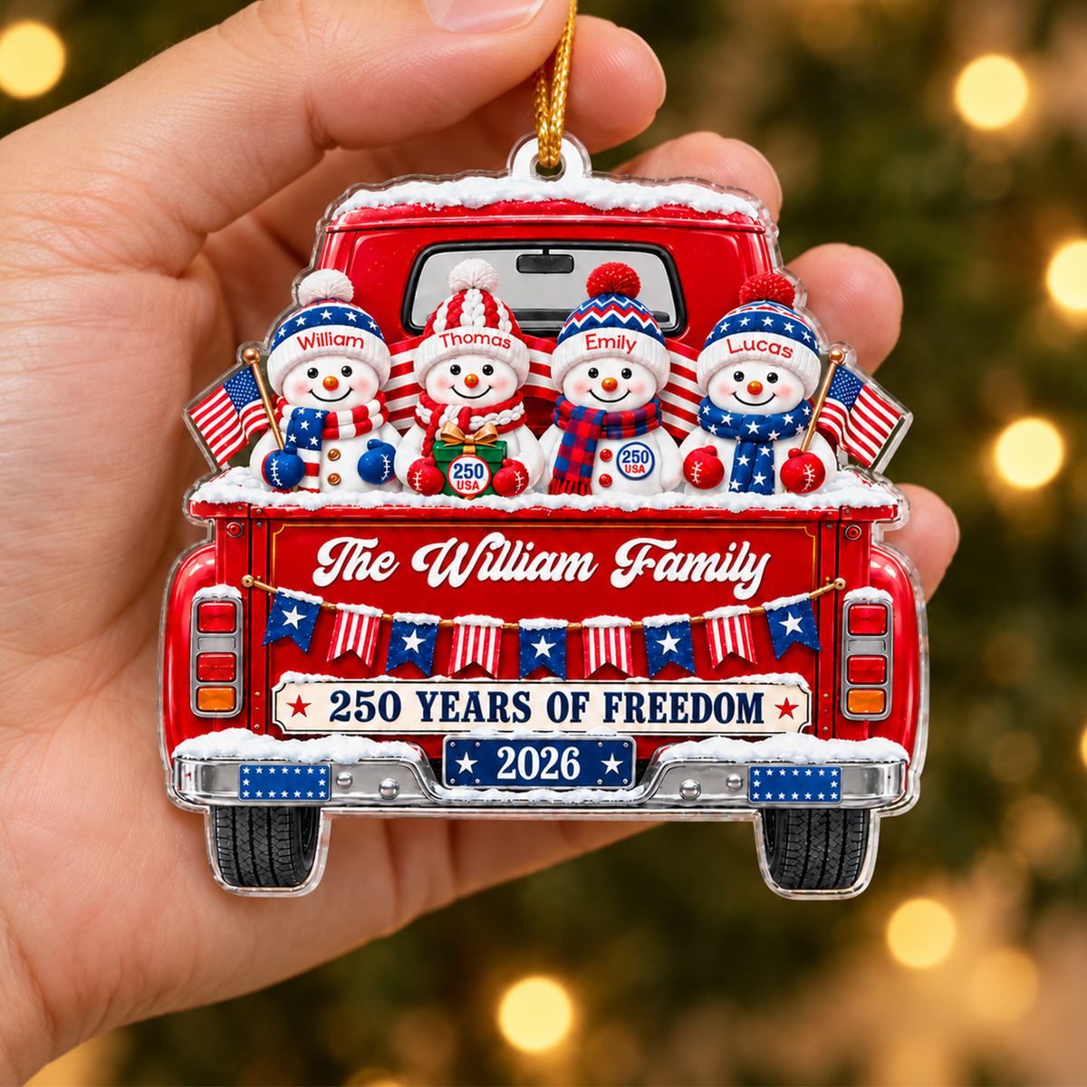 Together Through Every Season - Personalized Acrylic Ornament, Patriotic Snowman, 250 Years Of Freedom, Gift For Family