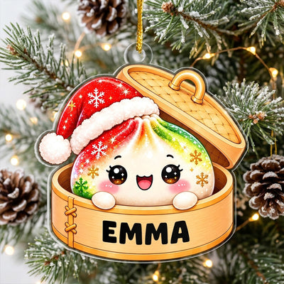 Cute Christmas Dumpling- Personalized Acrylic Ornament, Cute Dim Sum in Bamboo Basket Acrylic Decoration, Kawaii Foodie Gift for Kids and Families