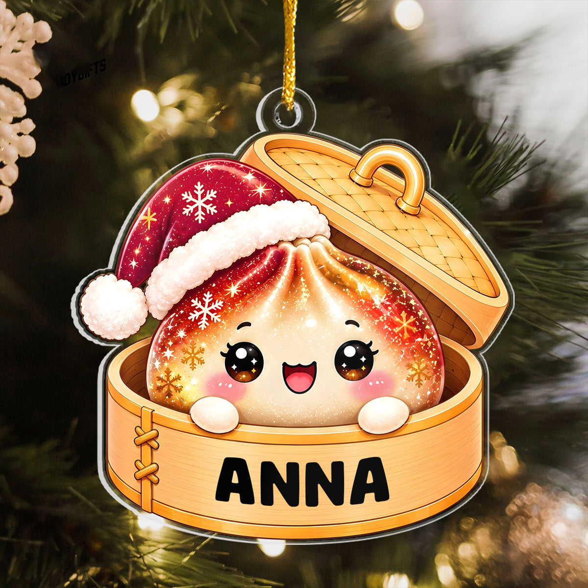 Cute Christmas Dumpling- Personalized Acrylic Ornament, Cute Dim Sum in Bamboo Basket Acrylic Decoration, Kawaii Foodie Gift for Kids and Families