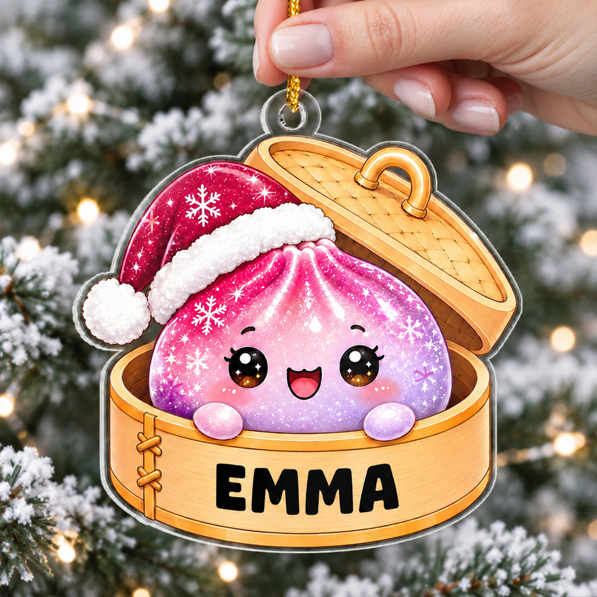 Cute Christmas Dumpling- Personalized Acrylic Ornament, Cute Dim Sum in Bamboo Basket Acrylic Decoration, Kawaii Foodie Gift for Kids and Families