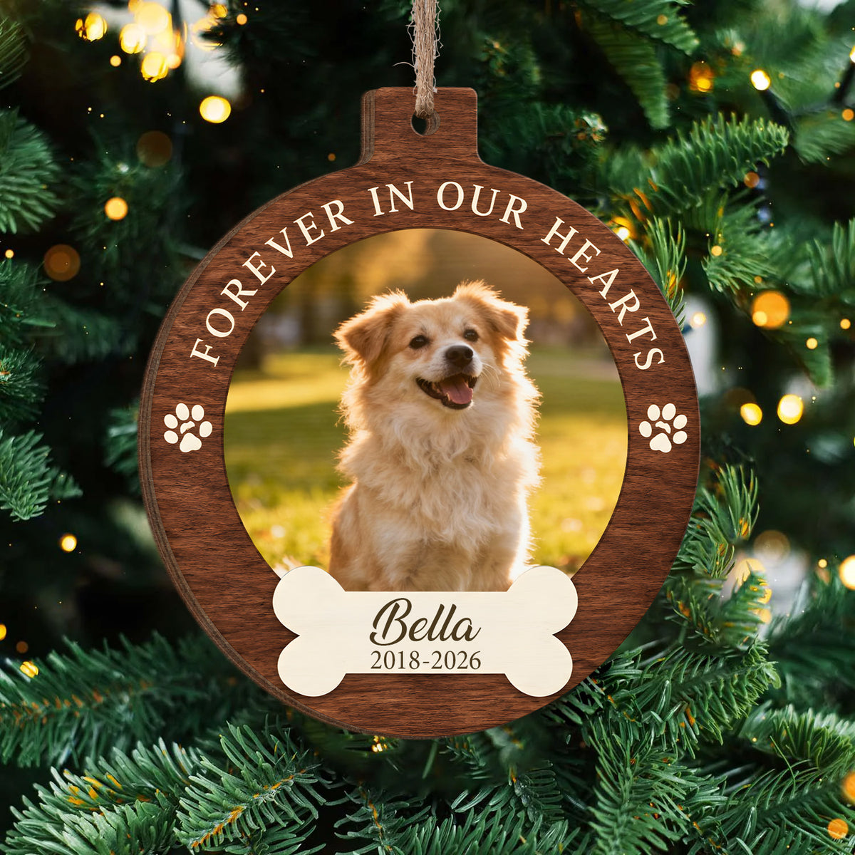 Your Pawprints Stay Forever - Personalized Wooden Ornament, Custom Pet Photo Memorial Ornament, Memorial Christmas Ornament