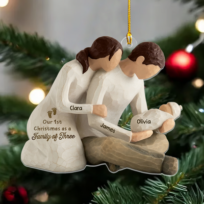Our First Christmas As Family Of Three- Personalized Acrylic Ornament, New Parents Cradling Baby, Christmas Tree Decor and Unique Family Gift