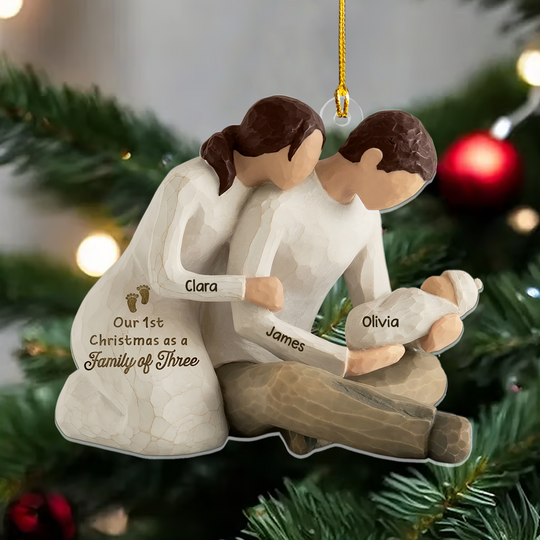Our First Christmas As Family Of Three- Personalized Acrylic Ornament, New Parents Cradling Baby, Christmas Tree Decor and Unique Family Gift