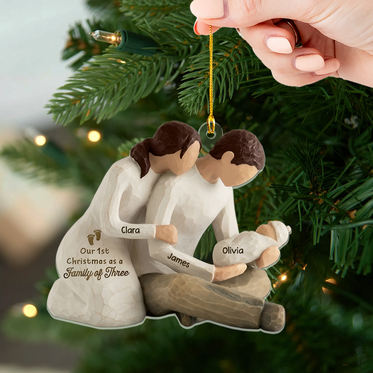 Our First Christmas As Family Of Three- Personalized Acrylic Ornament, New Parents Cradling Baby, Christmas Tree Decor and Unique Family Gift