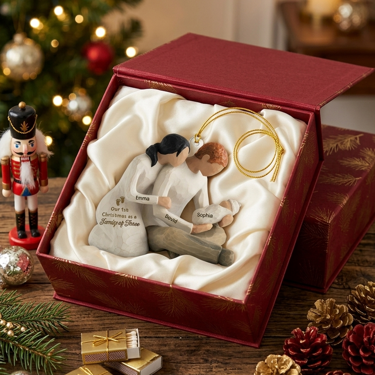 Our First Christmas As Family Of Three- Personalized Acrylic Ornament, New Parents Cradling Baby, Christmas Tree Decor and Unique Family Gift