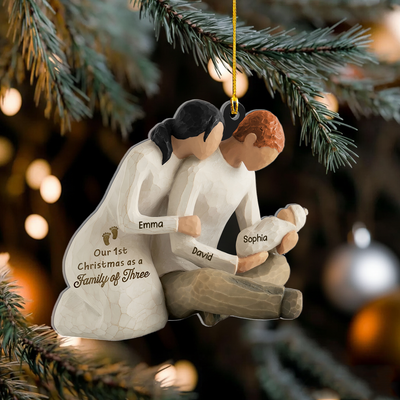 Our First Christmas As Family Of Three- Personalized Acrylic Ornament, New Parents Cradling Baby, Christmas Tree Decor and Unique Family Gift