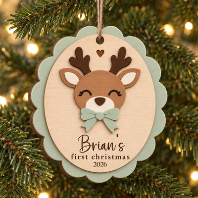 Reindeer First Christmas - Personalized Wooden Ornament, Custom Name Newborn Keepsake, Baby Boy Girl Christmas Gift, Reindeer Ornament