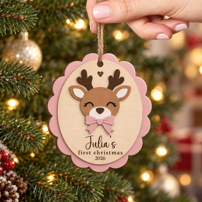 Reindeer First Christmas - Personalized Wooden Ornament, Custom Name Newborn Keepsake, Baby Boy Girl Christmas Gift, Reindeer Ornament