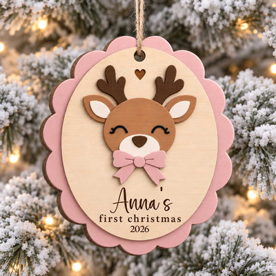 Reindeer First Christmas - Personalized Wooden Ornament, Custom Name Newborn Keepsake, Baby Boy Girl Christmas Gift, Reindeer Ornament
