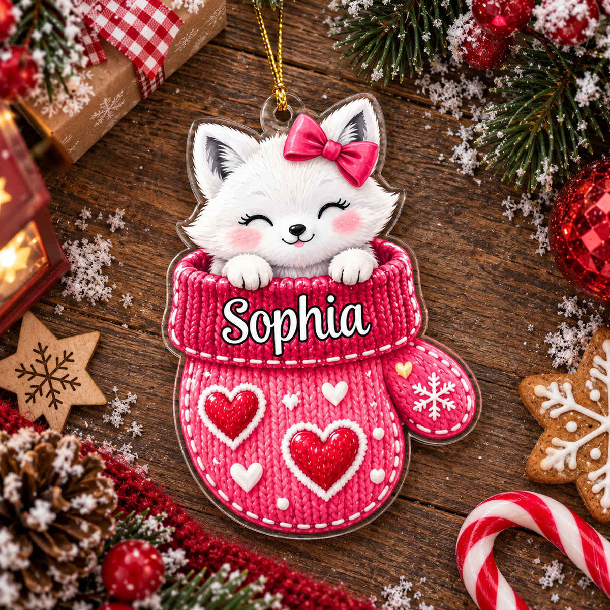 Cute Animal Christmas - Personalized  Acrylic Ornament, Custom Name Mitten Ornament, Cute Animal Christmas Tree Decor, Kids Holiday Keepsake Gift Christmas