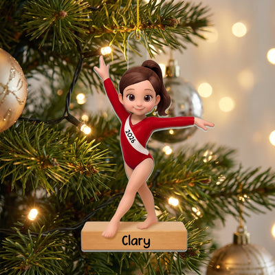 Gymnastics Is My Happy Place - Personalized Acrylic Ornament, Custom Girl 3D Effect Christmas Ornament With Name & Year