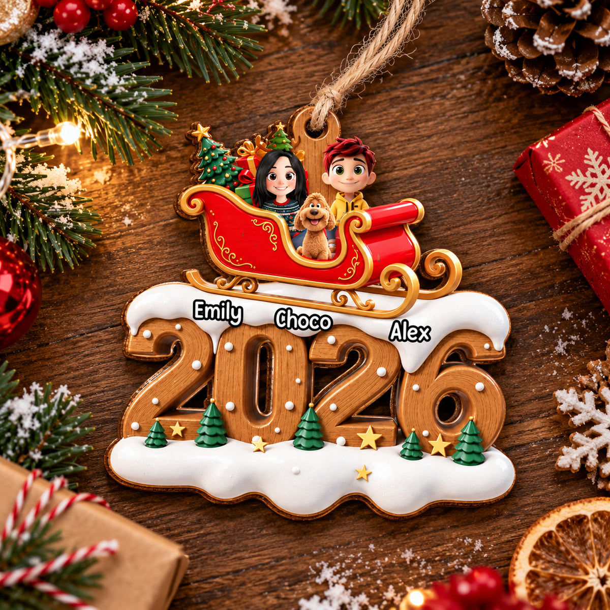 Sleigh Ride Christmas 2026 - Personalized Wooden Ornament, Gift for Dog Lovers, Family Gift