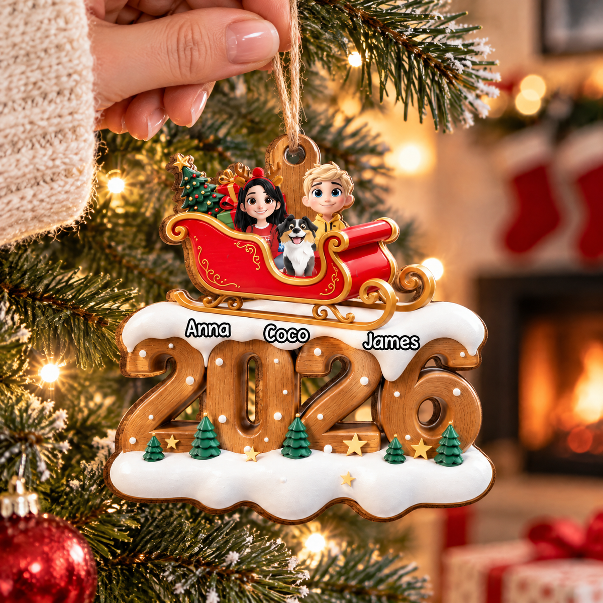 Sleigh Ride Christmas 2026 - Personalized Wooden Ornament, Gift for Dog Lovers, Family Gift