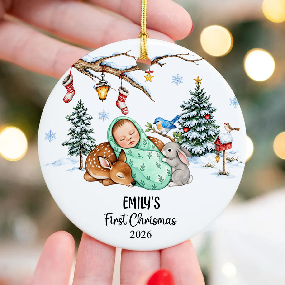 First Christmas Woodland Baby - Personalized Ceramic Ornament , First Christmas Gift, New Born Gift, Nursery Christmas Keepsake