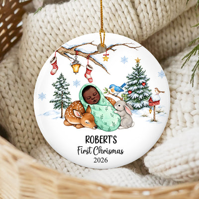 First Christmas Woodland Baby - Personalized Ceramic Ornament , First Christmas Gift, New Born Gift, Nursery Christmas Keepsake