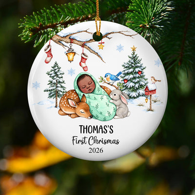 First Christmas Woodland Baby - Personalized Ceramic Ornament , First Christmas Gift, New Born Gift, Nursery Christmas Keepsake