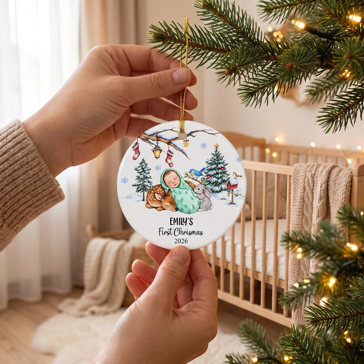 First Christmas Woodland Baby - Personalized Ceramic Ornament , First Christmas Gift, New Born Gift, Nursery Christmas Keepsake