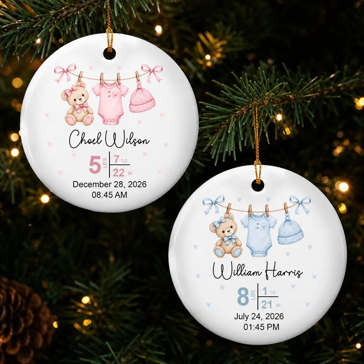 Christmas Newborn Baby Girl And Boy -  Personalized Ceramic Ornament, First Ornament with Baby Name, Baby Keepsake, New Baby Gift, Custom Birth Stats