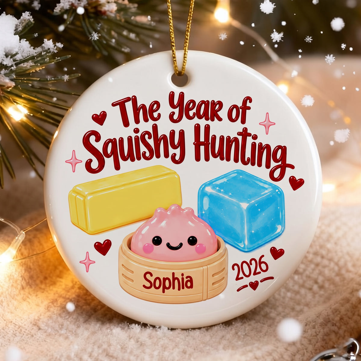 Year of Squishy Hunting - Personalized Ceramic Ornament, Custom Name Christmas Ornament, Cute Squishy Hunter Gift, Kids Acrylic Keepsake