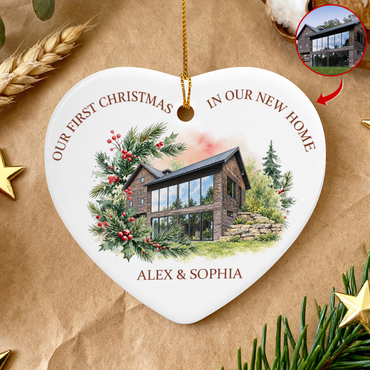 The First of Many Christmases Here - Personalized Ceramic Ornament, First Christmas, Cozy Watercolor House Gift For Couple, Family