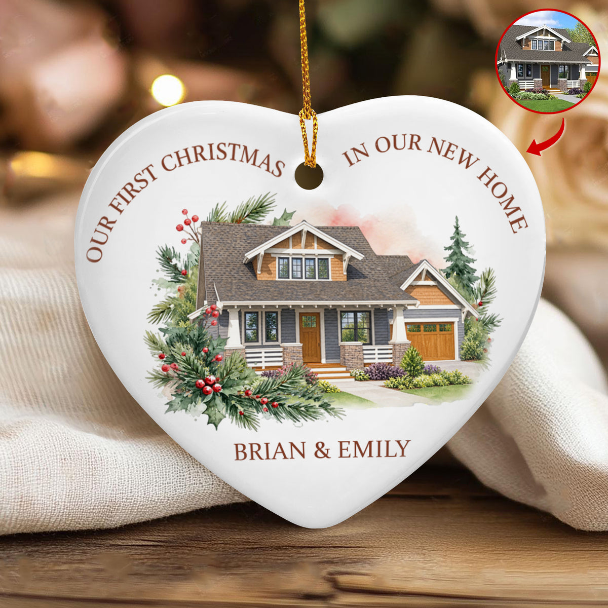 The First of Many Christmases Here - Personalized Ceramic Ornament, First Christmas, Cozy Watercolor House Gift For Couple, Family