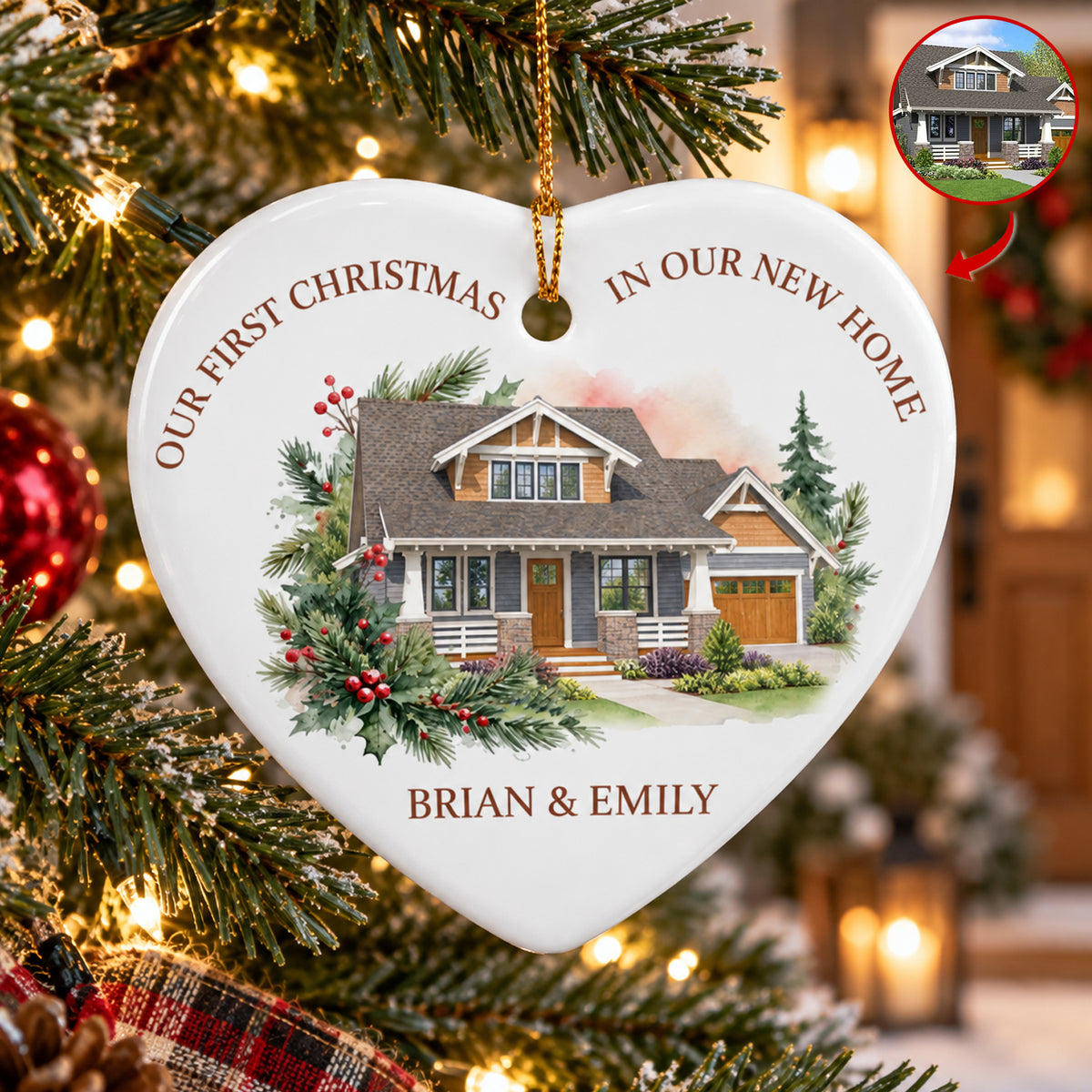 The First of Many Christmases Here - Personalized Ceramic Ornament, First Christmas, Cozy Watercolor House Gift For Couple, Family