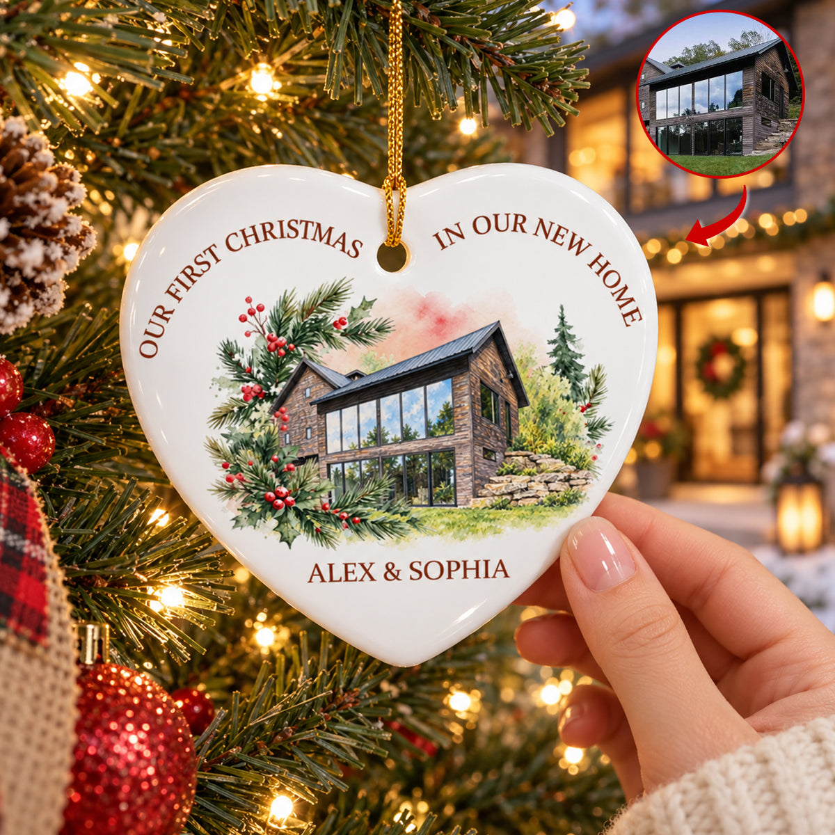 The First of Many Christmases Here - Personalized Ceramic Ornament, First Christmas, Cozy Watercolor House Gift For Couple, Family