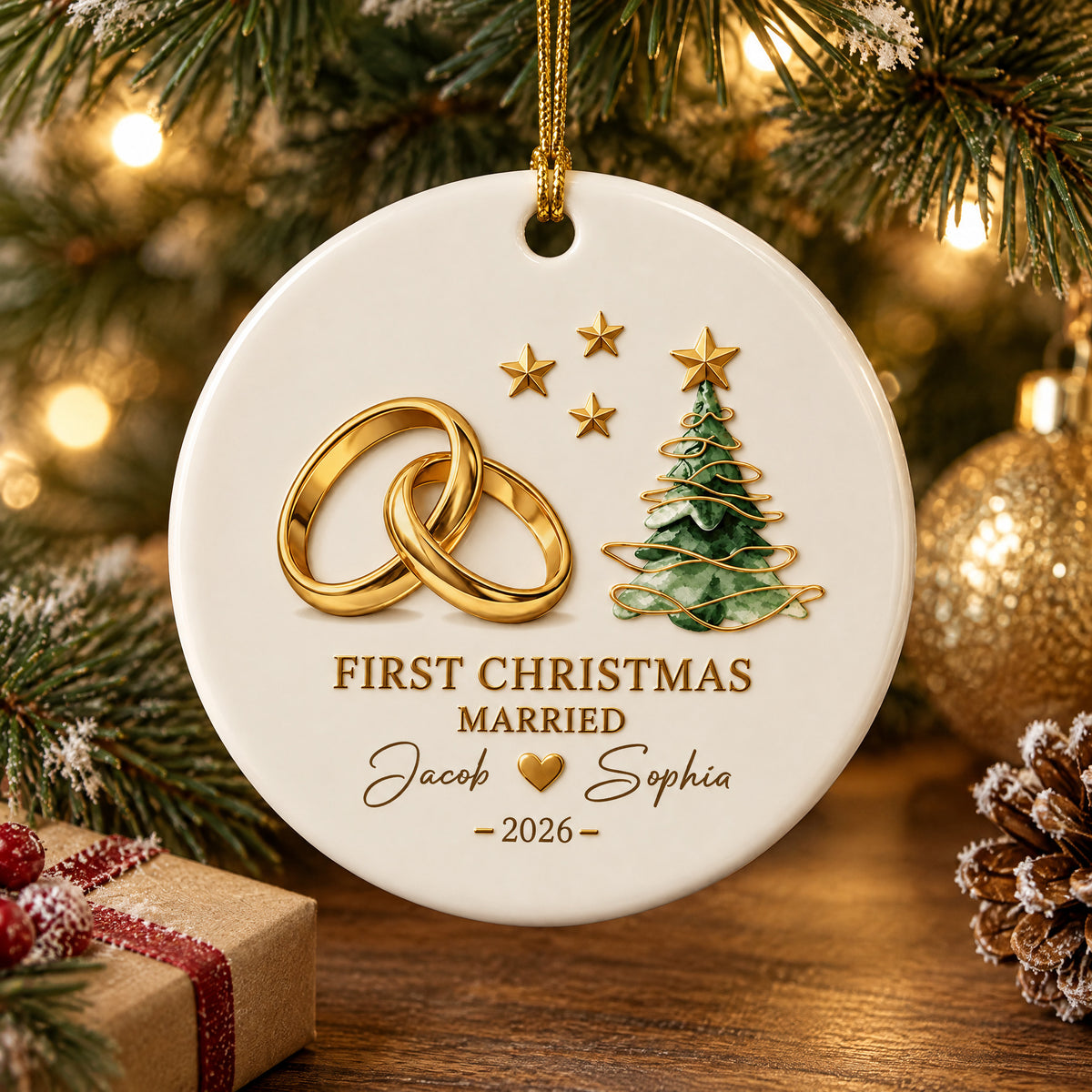 Personalized First Christmas Married Ceramic Ornament with gold rings and tree beside a gift and pinecone on a wooden table