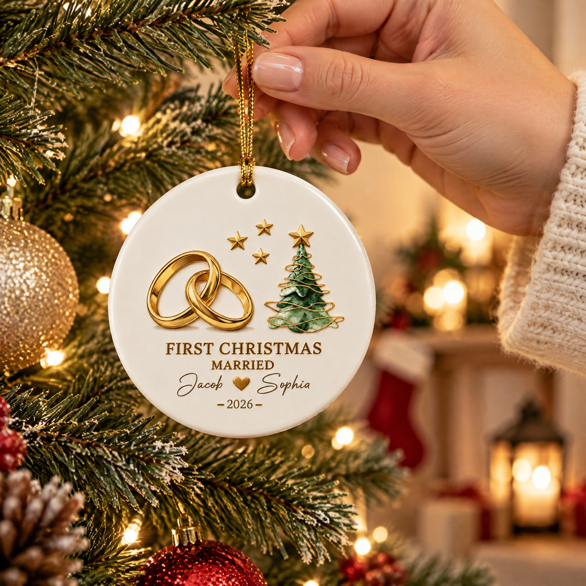 Personalized First Christmas Married Ceramic Ornament held by a hand in a cream sweater near a tree and candle lantern
