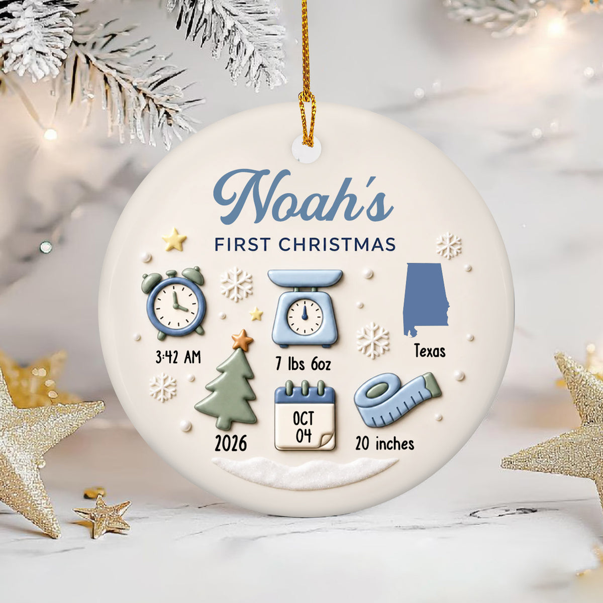 Personalized Baby Birth Details Christmas Ornament in blue with Noah's name, resting among frosted branches and gold stars